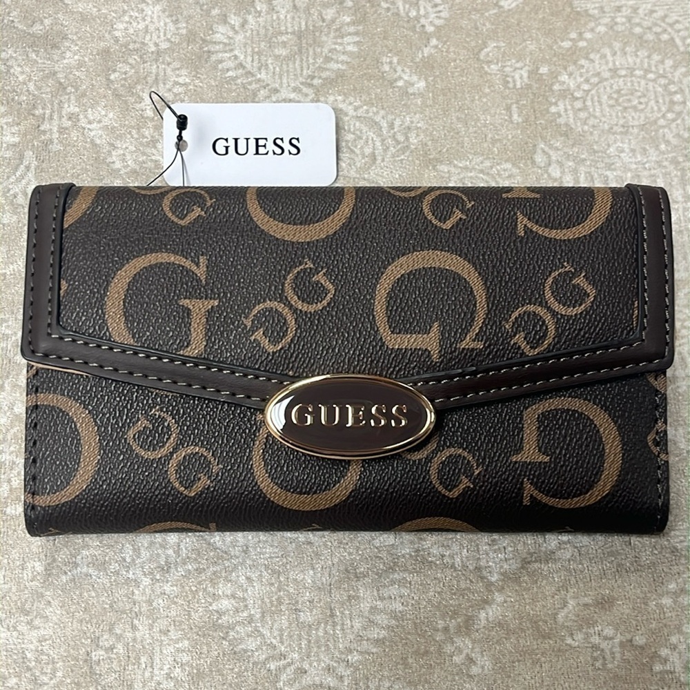 Brand New Guess Brown Logo Trifold Snap Close Card Organizer Wallet